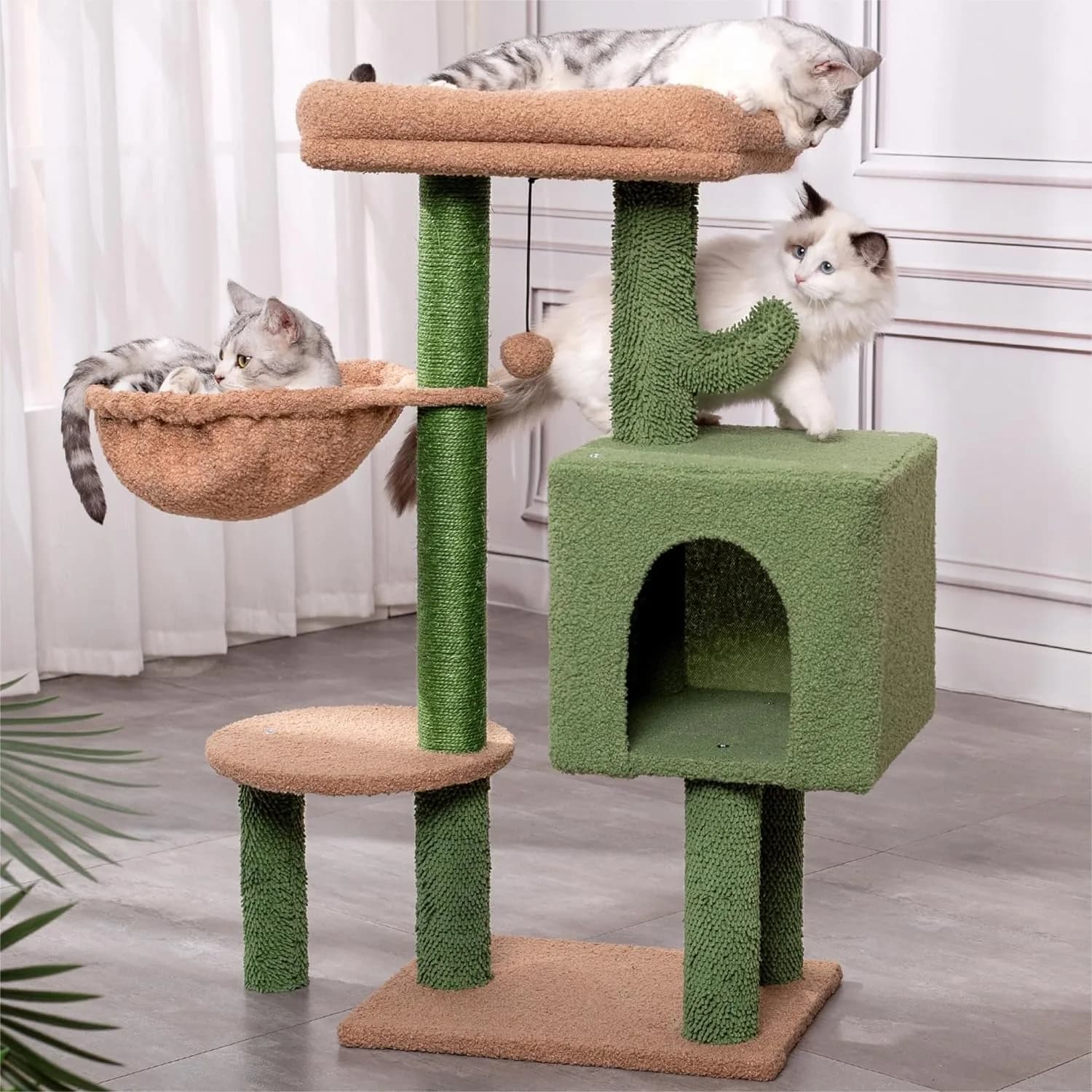 Cactus Cat Tree - Torre per Gatti Piccola con Tiragraffi da 81 cm, Cuccia, Amaca Accogliente e Letto Superiore Rimovibile per Gatti da Interno - Verde