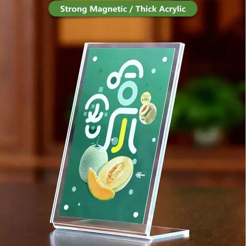Espositore per cornice magnetica per poster pubblicitario a forma di L A5, tavolo in acrilico, menu da scrivania, cartellino, cartellino del prezzo