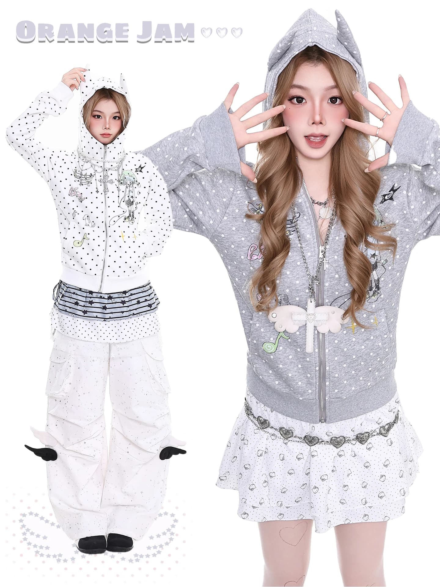Felpa con cappuccio da donna arancione con corna da diavolo in stile cartone animato, modello Y2K, primaverile, slim fit, stampata, a maniche lunghe, calda, con protezione solare, stile corto