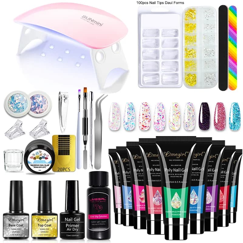 LIMEGIRL Set di gel per unghie in polimero con lampada LED da 6 W, set per unghie per principianti, kit di strumenti per manicure, decorazione 3D, design 3D