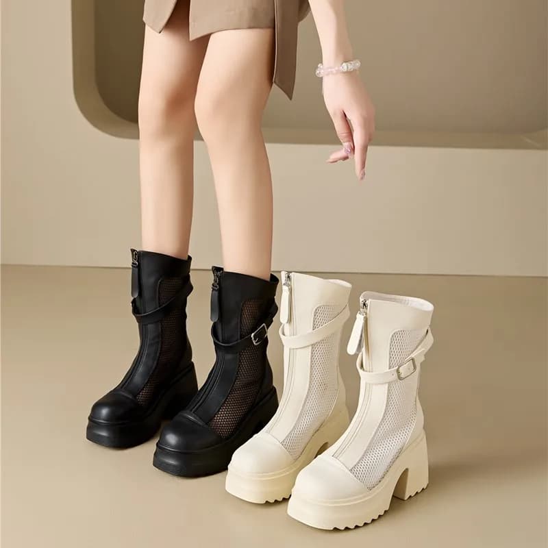DIMANYU Women's Summer Cool Boots 2026 New 10cm High Heel Mesh Boots Chunky Platform Cutout Women's Biker Boots