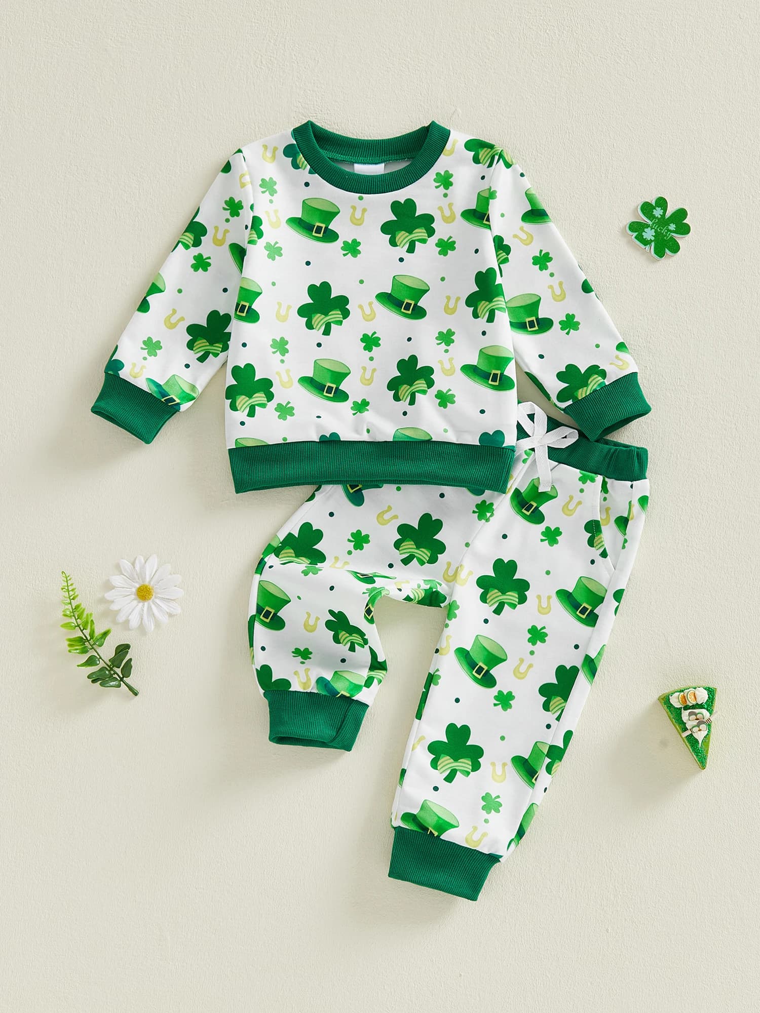 Baby Girl 2 pezzi vestito irlandese manica lunga stampa trifoglio top pantaloni set abbinati vestiti accoglienti per il giorno di San Patrizio