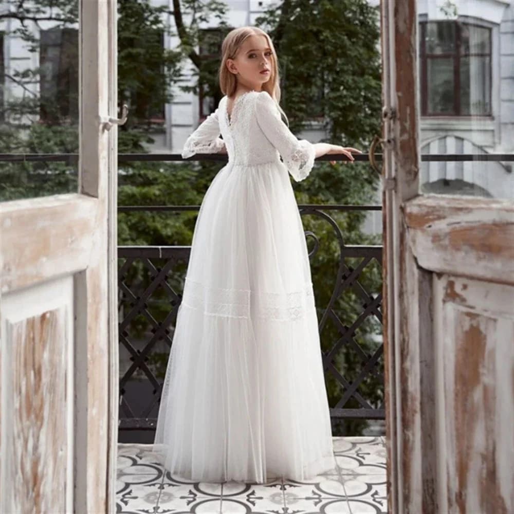 Abito da ragazza di fiore in pizzo bianco per matrimonio, mezza manica gonfia in tulle, festa di compleanno per bambini, abiti da ballo per prima comunione personalizzati