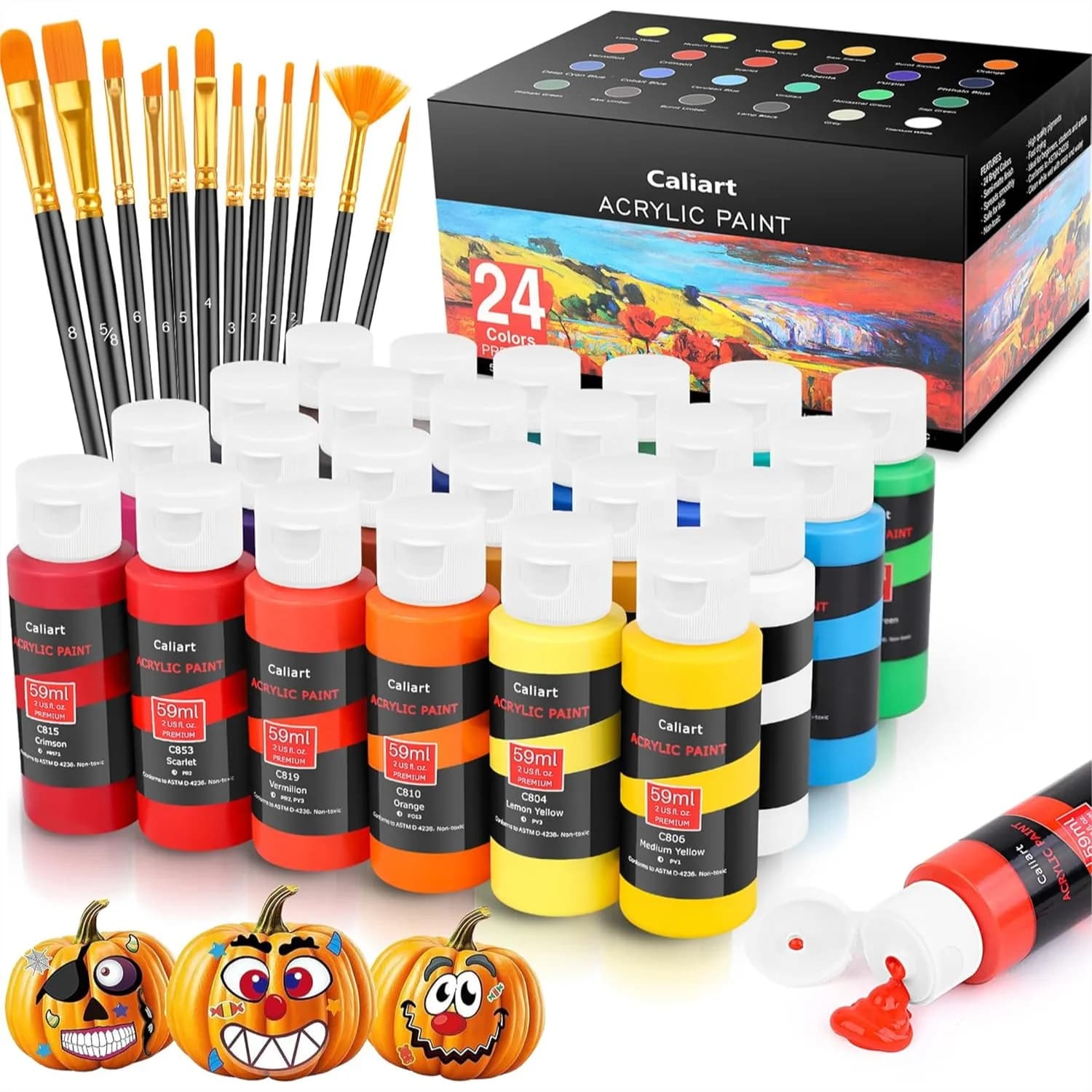 24-Color Acrylic Paint Set with 12 Brushes for Canvas Wood Rock Painting, Art Supplies for Adults Kids Beginners