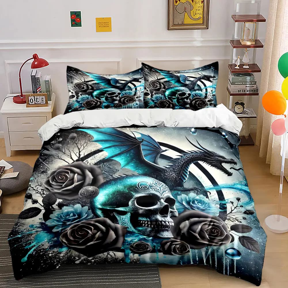 Set di biancheria da letto con decorazioni floreali a forma di teschio di drago, con 1 copripiumino e 2 federe, singolo, matrimoniale, king, queen, regalo