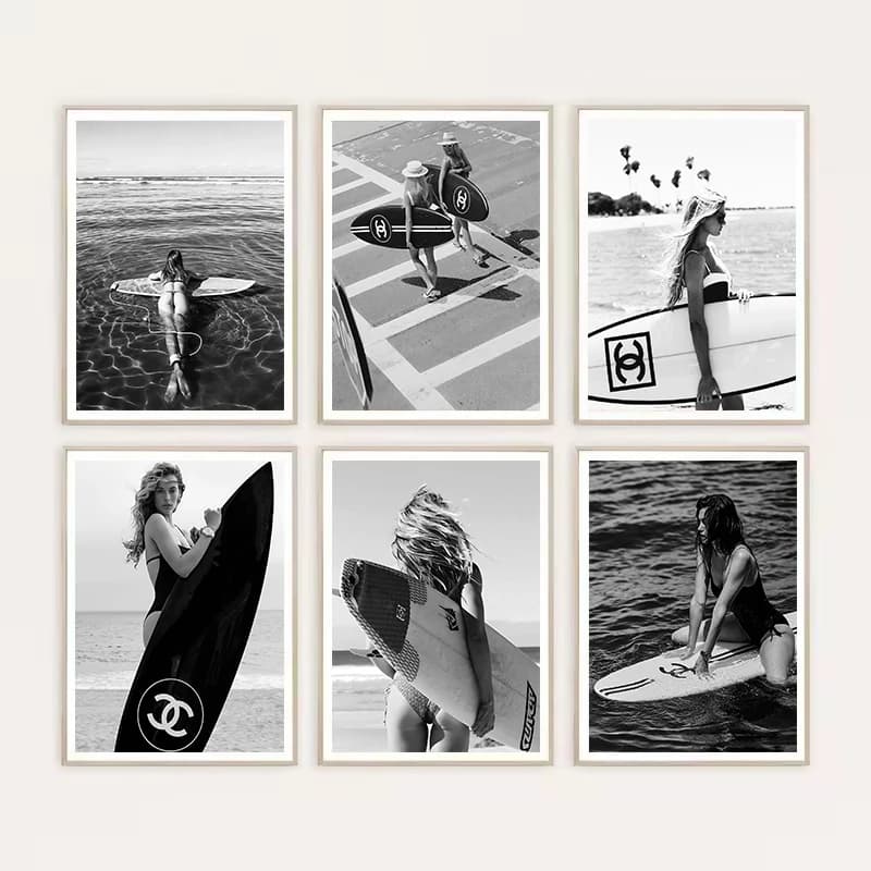 Fashion Black and White Girl Surfing Beach Surfboard Seascape Poster Canvas Painting Wall Art Pictures Home Room Decor