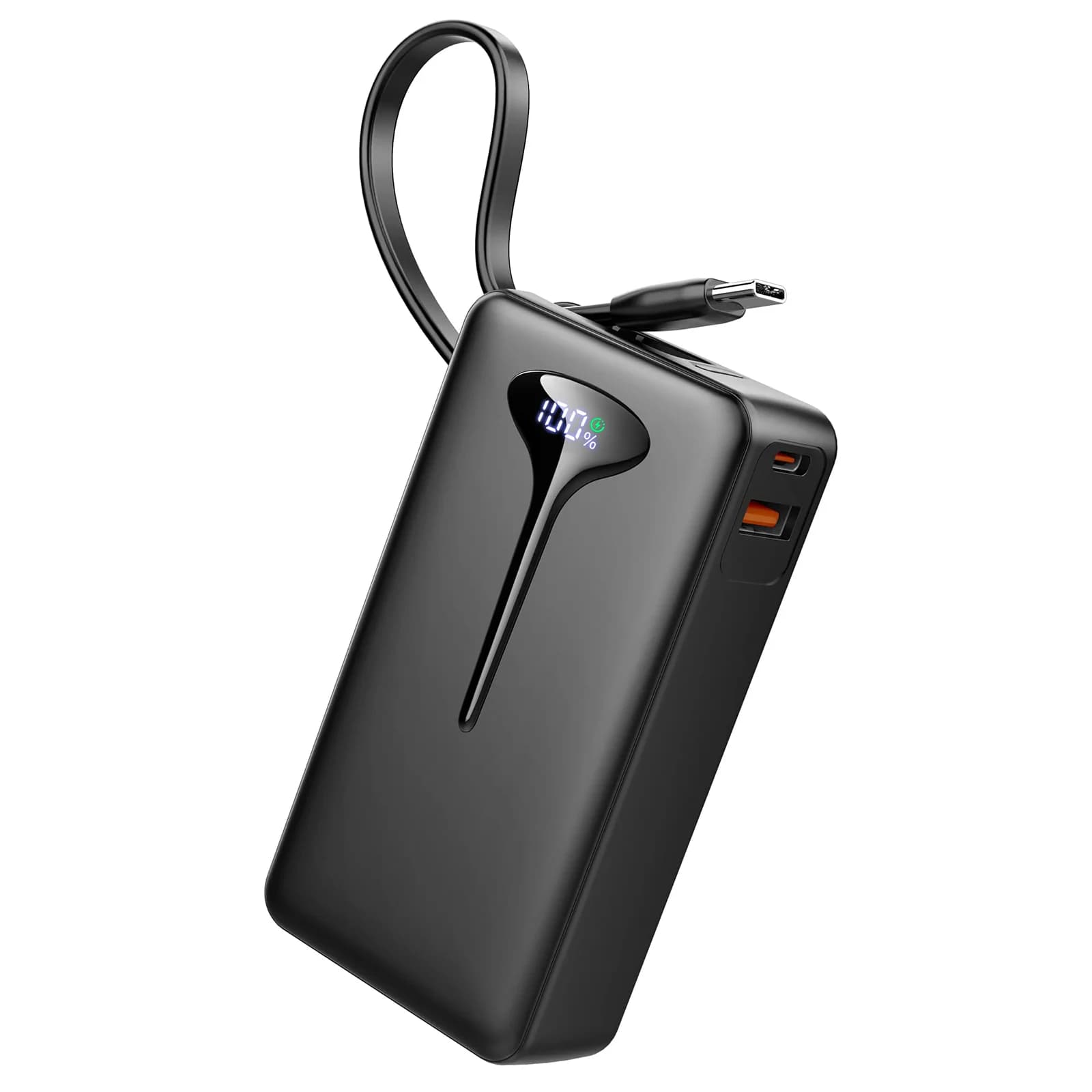 10000 mAh portable charger with 22.5 W fast charging, USB-C input and output, built-in cable, essential travel elements for iPhone, Android