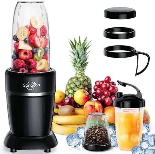 Frullatore Sangcon 1000W con 3 Bicchieri e Tappi da Viaggio – Trita Ghiaccio, Portatile per Frullati e Bevande Congelate