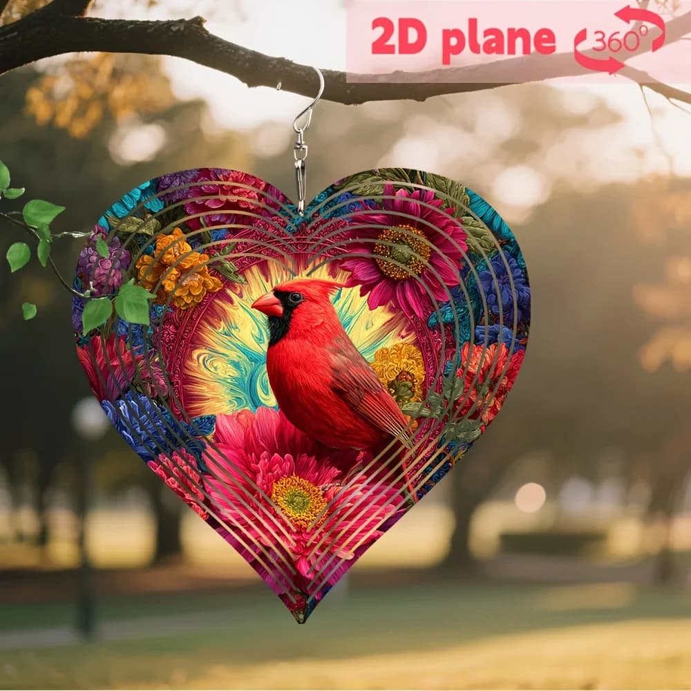 1pc Cardinal Heart Wind Chime, 10in Aluminum 360° Rotating Hook for Patio Balcony Garden Outdoor Decor, Dynamic Bird Gift for Ch