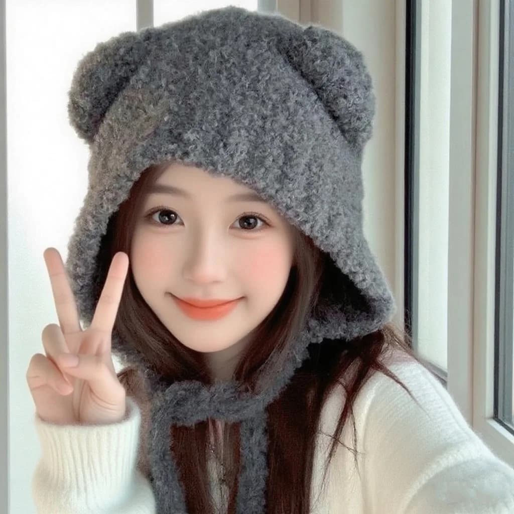 Berretto lavorato a maglia con orsetto soffice da donna - Cappello caldo addensato autunno inverno con protezione per le orecchie, simpatico berretto invernale sfocato per donna