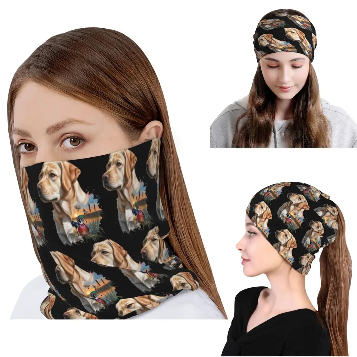 Sciarpa multifunzione lavabile con stampa Labrador Giallo e Anatra Selvatica, ideale come bandana, scaldacollo, maschera facciale o berretto per uomo e donna, per adulti.