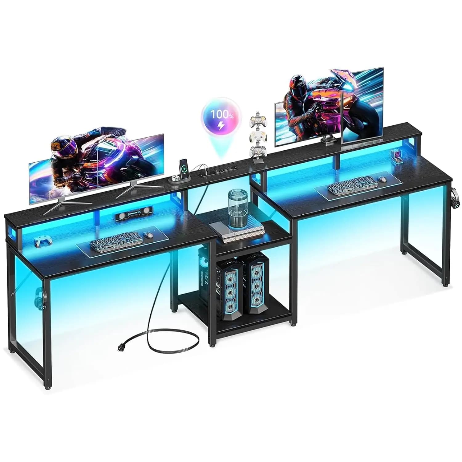 2 Person Gaming Desk with LED Lights, Power Outlets, Monitor Stand, Storage, 98 Inch Long Desk for Home Office, Customized