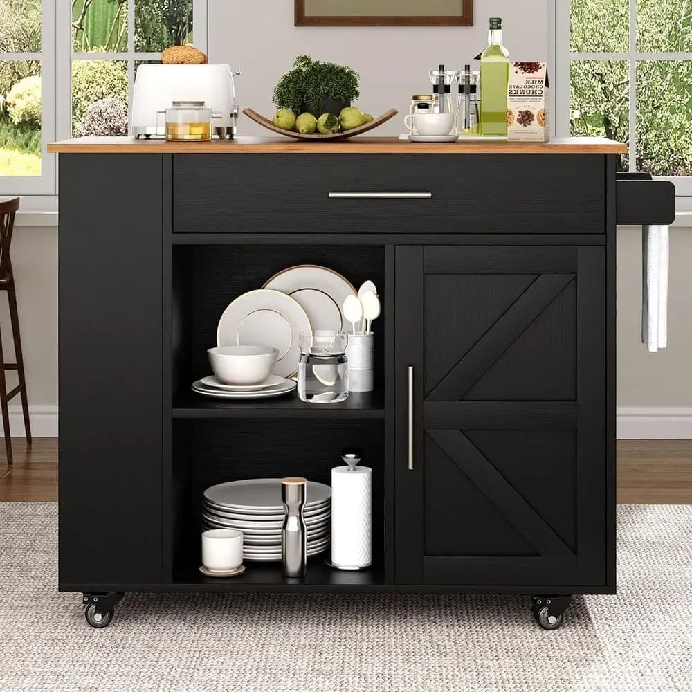 39 Isola da cucina mobile con portaspezie a 3 livelli, portasciugamani e ripiani aperti, nera