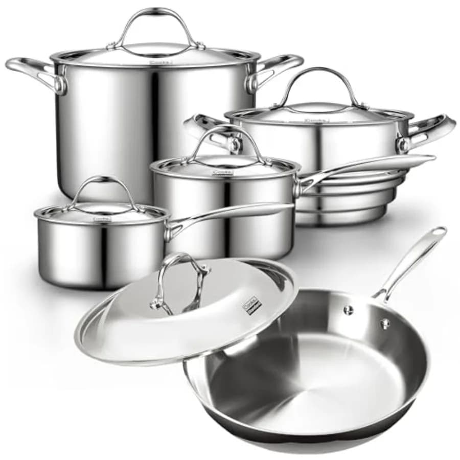 Set of stainless steel kitchen pots Set of pots and pans completely covered with 10 pieces plywood with pan Oven dishwasher