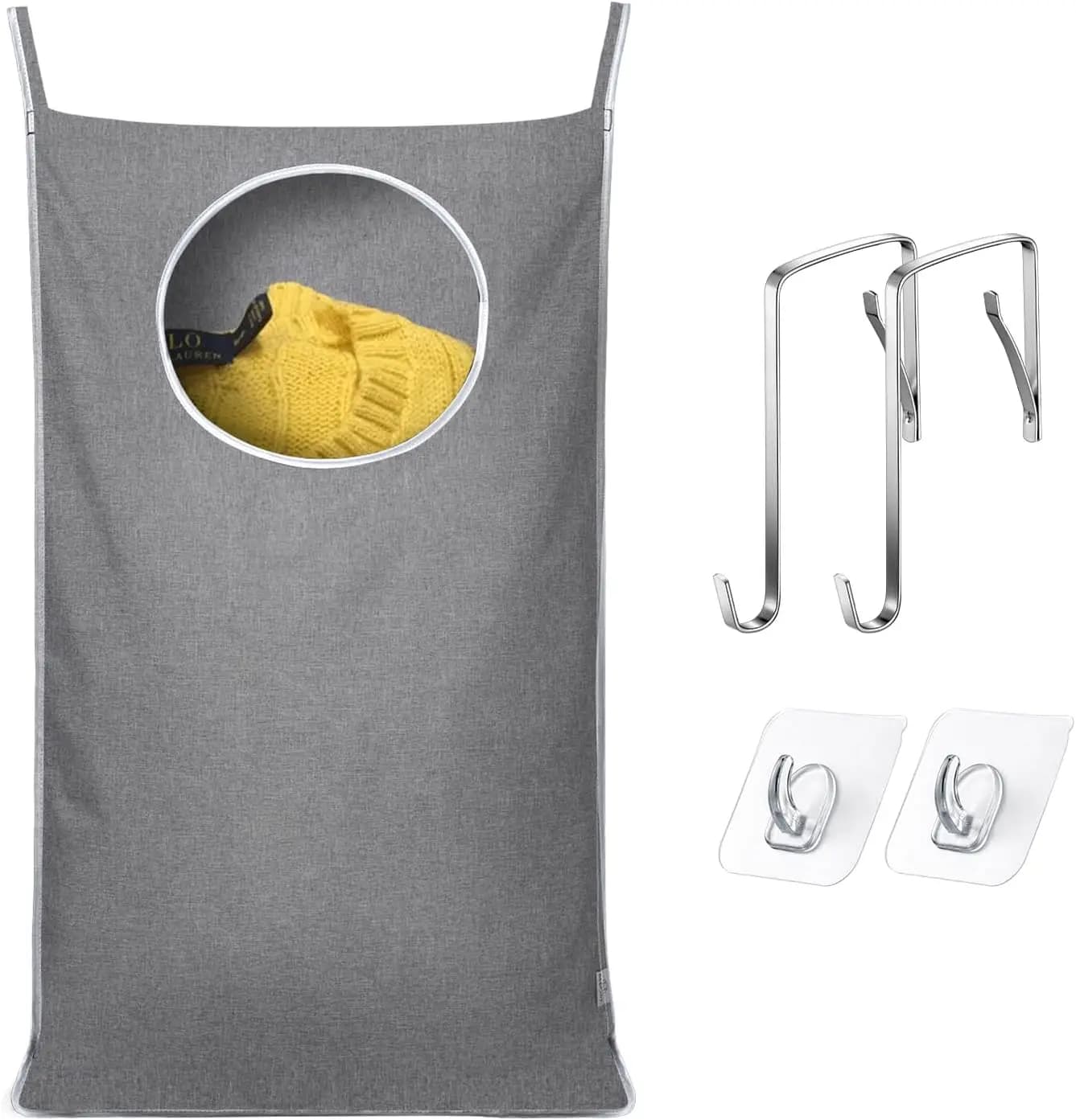 Hanging Laundry Hamper Bag with 2 Types of Hooks, 20x30 Inch, Grey