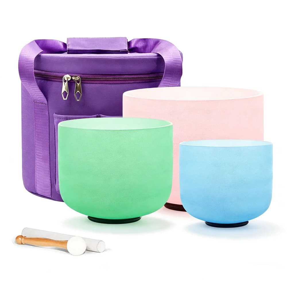 Hye-eun 8"G10"F12"C 3pcs Light Color Quartz Crystal Singing Bowl Set Meditation Healing Sound Bath Instrument with Bag