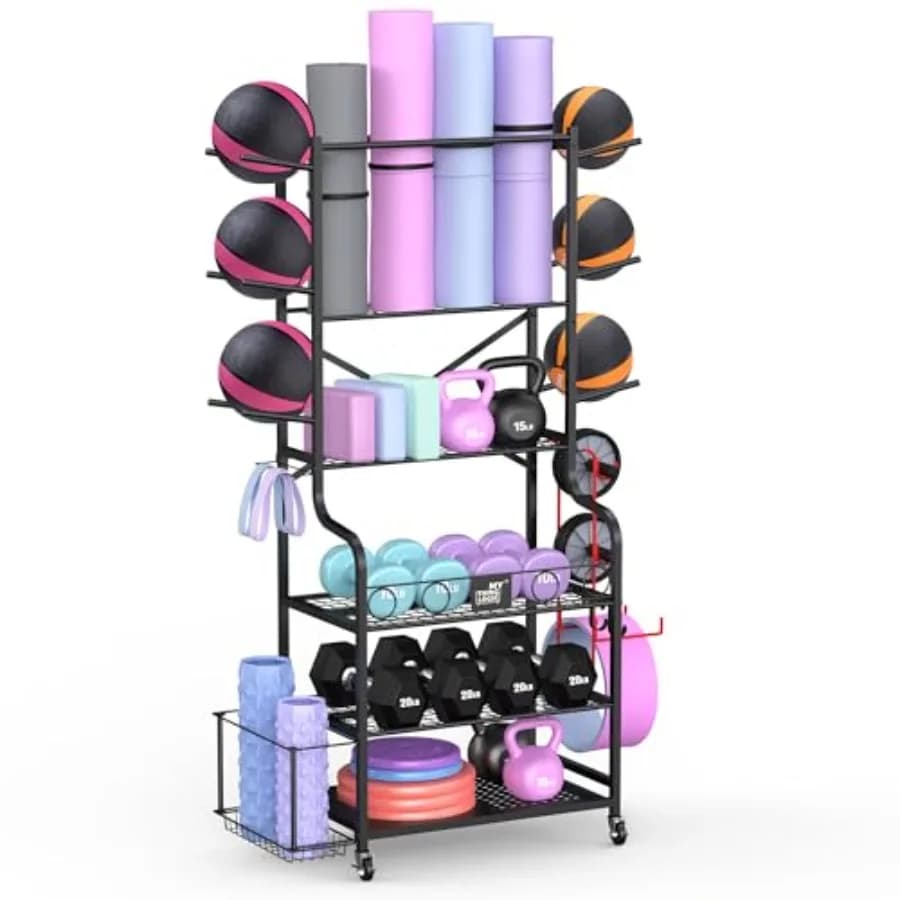Home Gym Equipment Organizer: Yoga Mats, Manubri, Kettlebell, Foam Rollers, Yoga Straps and Resistance Bands