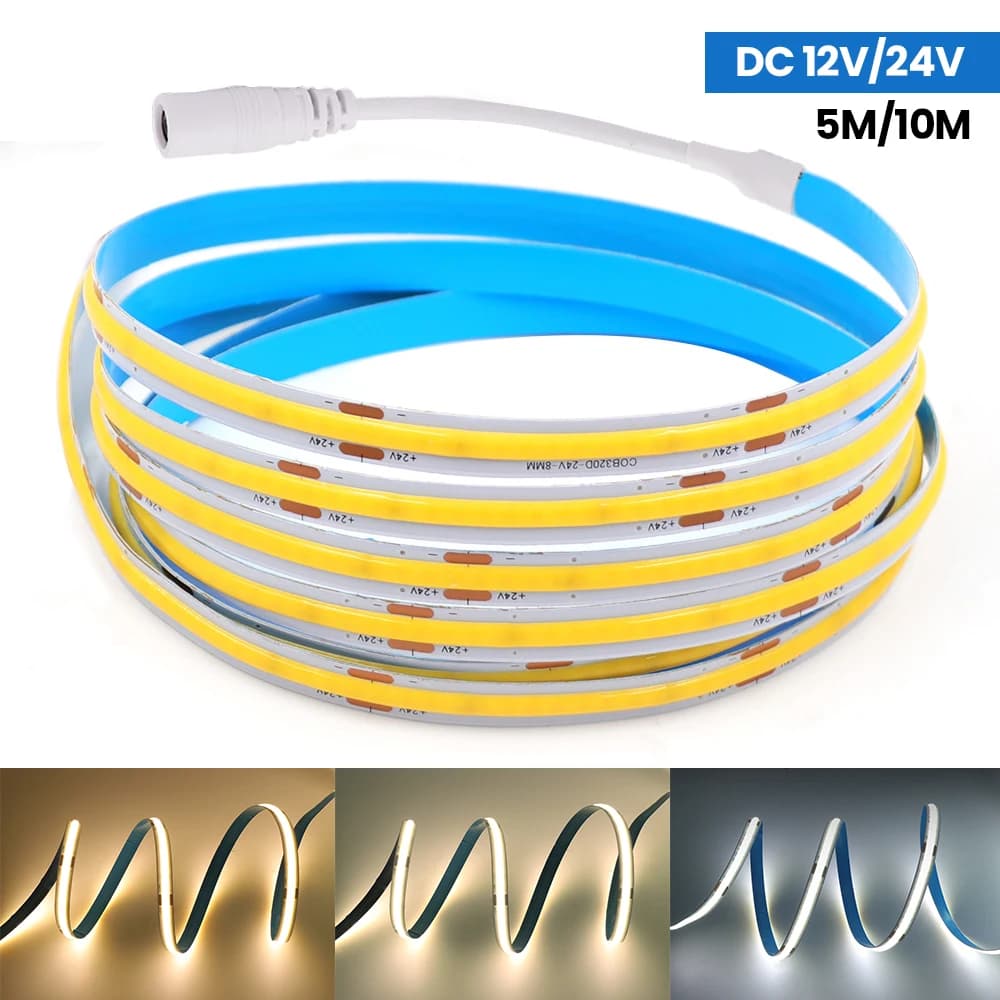 Strisce LED COB 5M 10M 12V 24V 320LED/M Nastro LED flessibile a luce lineare ad alta densità per la decorazione della stanza 3000K 4000K 6000K