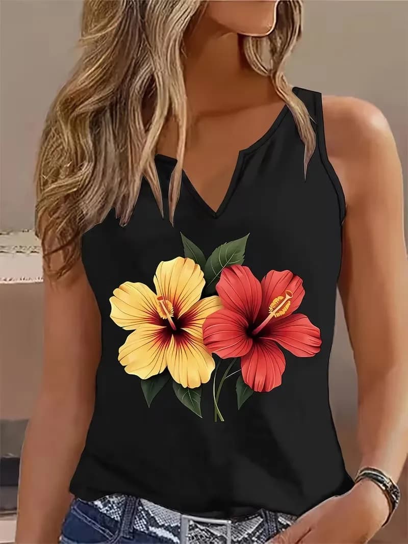Graphic Flower Summer Sleeveless Tank Top T-shirt V Neck Harajuku Vest T Shirts Women Tee Shirt V-Neck Gothic Tops Tee