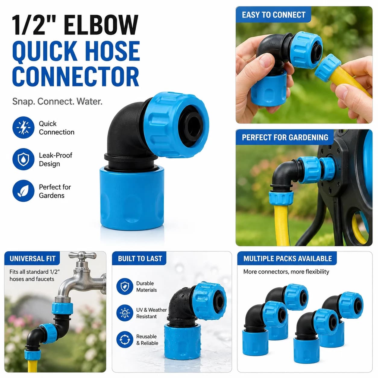 1/2 Garden Hose Elbow Connector Quick Connect Fitting for Sprinkler Irrigation Car Wash Watering Use