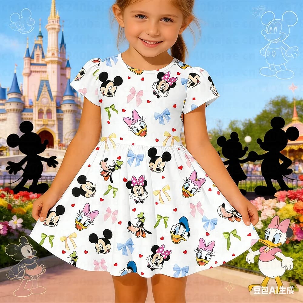 Abito estivo Disney Family a maniche corte, abito casual da ragazza, comodo e traspirante, stile Y2K, alla moda.