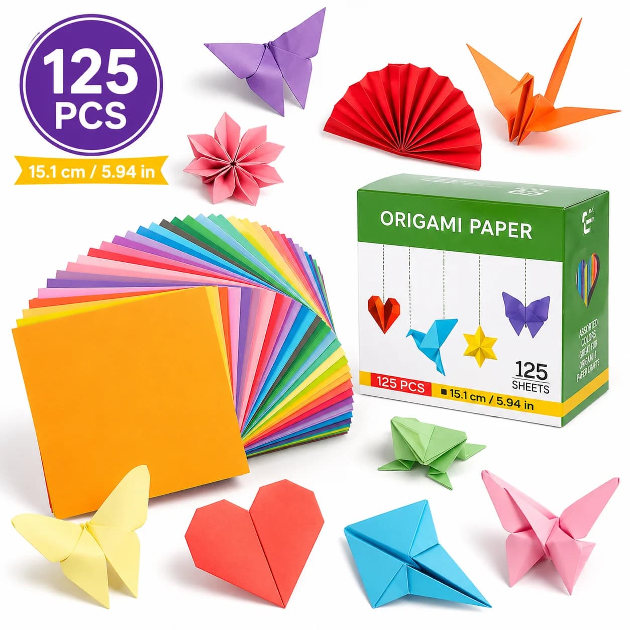 125 PCS Origami Paper Set, 15.1cm Square Colorful Folding Paper for DIY Crafts, Animals, Flowers & Paper Art