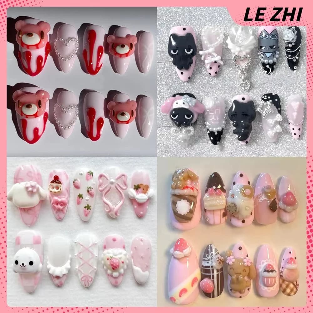 Unghie Finte 3D Kawaii Intagliate a Mano Rilakkuma, Design Animale Cartone Animato (Coniglio, Scimmia, Gatto), Fragole Dolci, Regalo