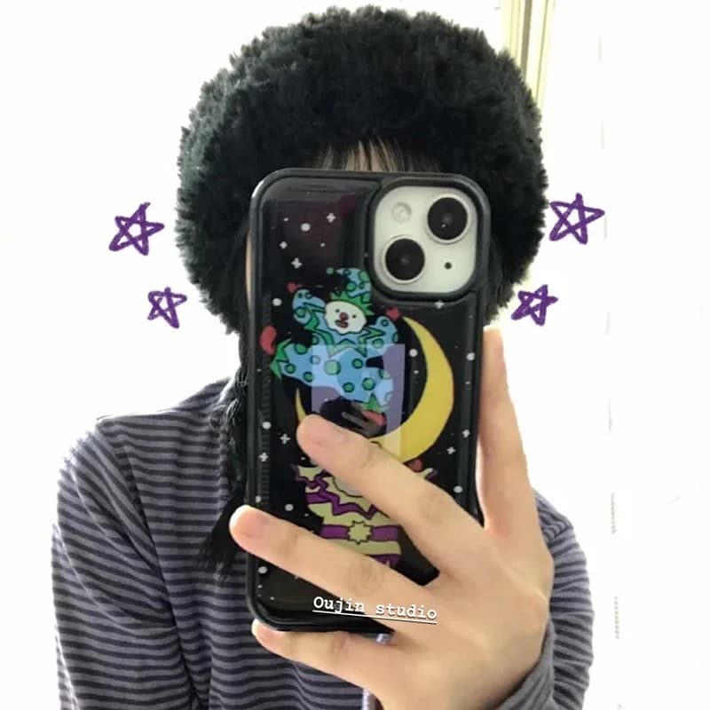 Cover posteriore per iPhone 17 Air 16 Pro Max 15 14 Plus 13 12 11 con bordo nero e decorazioni a goccia, stile coreano, simpatico design a stella, luna e Joker