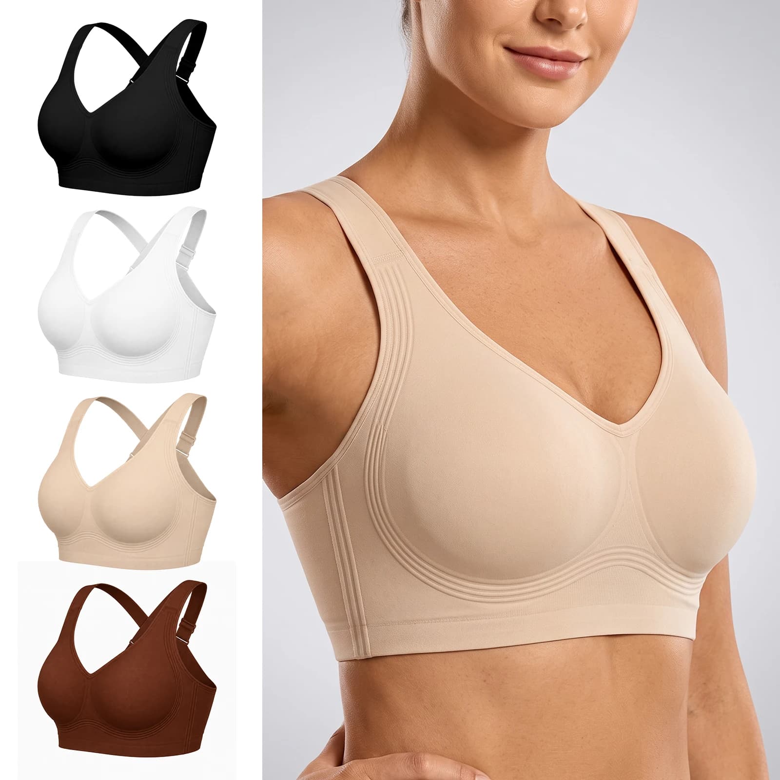 Wide Strap Seamless Support Wireless Bra, V-Neck Everyday Comfort Lingerie, Multi Color Soft Shaping Underwear