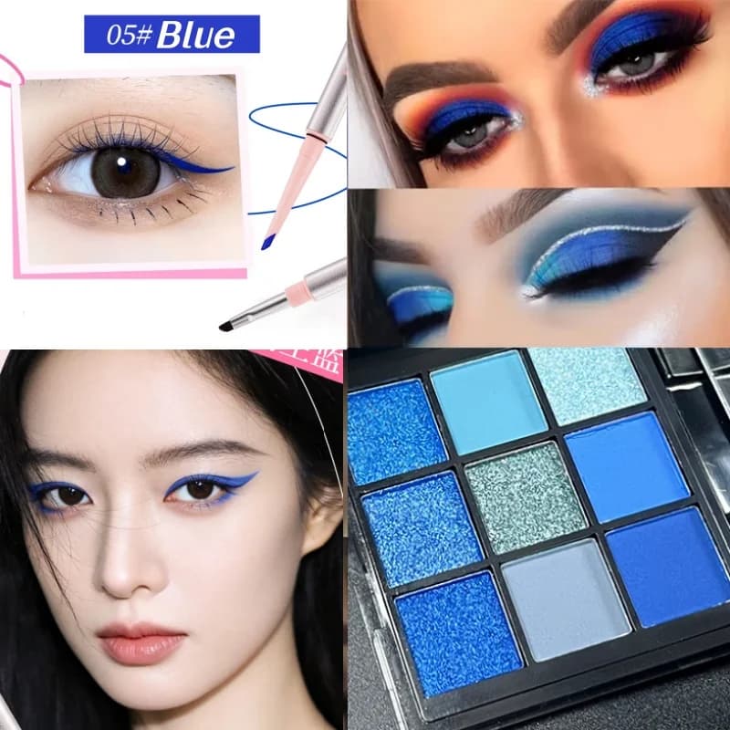 Blue Eyeshadow Palette & Dual-Ended Gel Eyeliner Set -Cool-Tone Matte & Shimmer, Built-in Angled Brush,Smudge-Resistant,Ice Blue