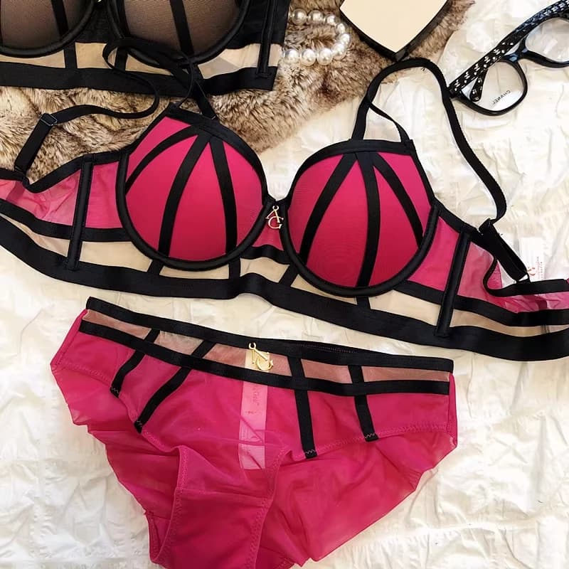 Set reggiseno fasciatura sexy da donna 2 pezzi Set intimo europeo Reggiseno push up vuoto in pizzo Set di reggiseni e mutandine rosa romantiche