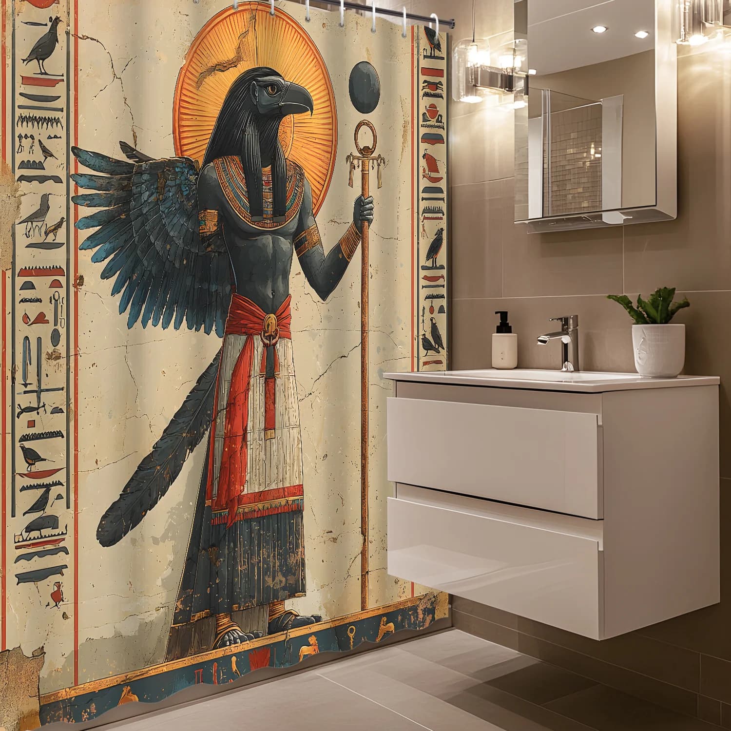 Tenda da doccia impermeabile del dio egiziano antico per l'arredamento moderno del bagno, elegante e durevole, perfetta per l'uso domestico