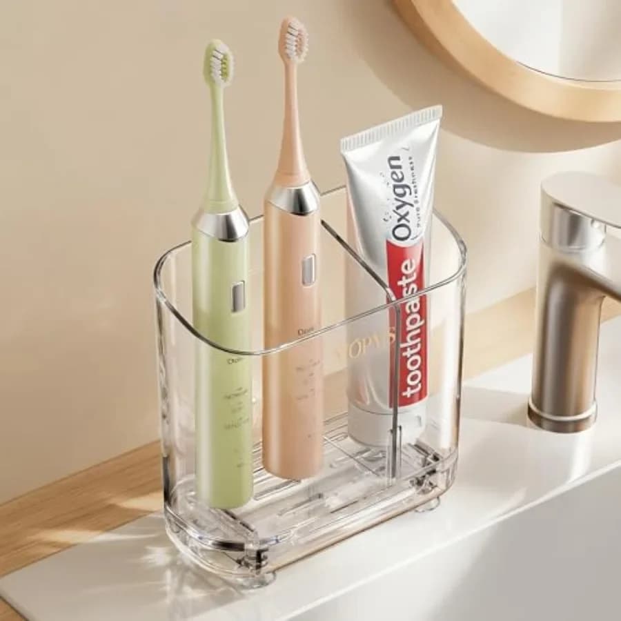 Portaspazzolini con Drenaggio per Organizzazione Bagno, 2 Scomparti, Supporto da Parete per Spazzolino Elettrico con Divisorio