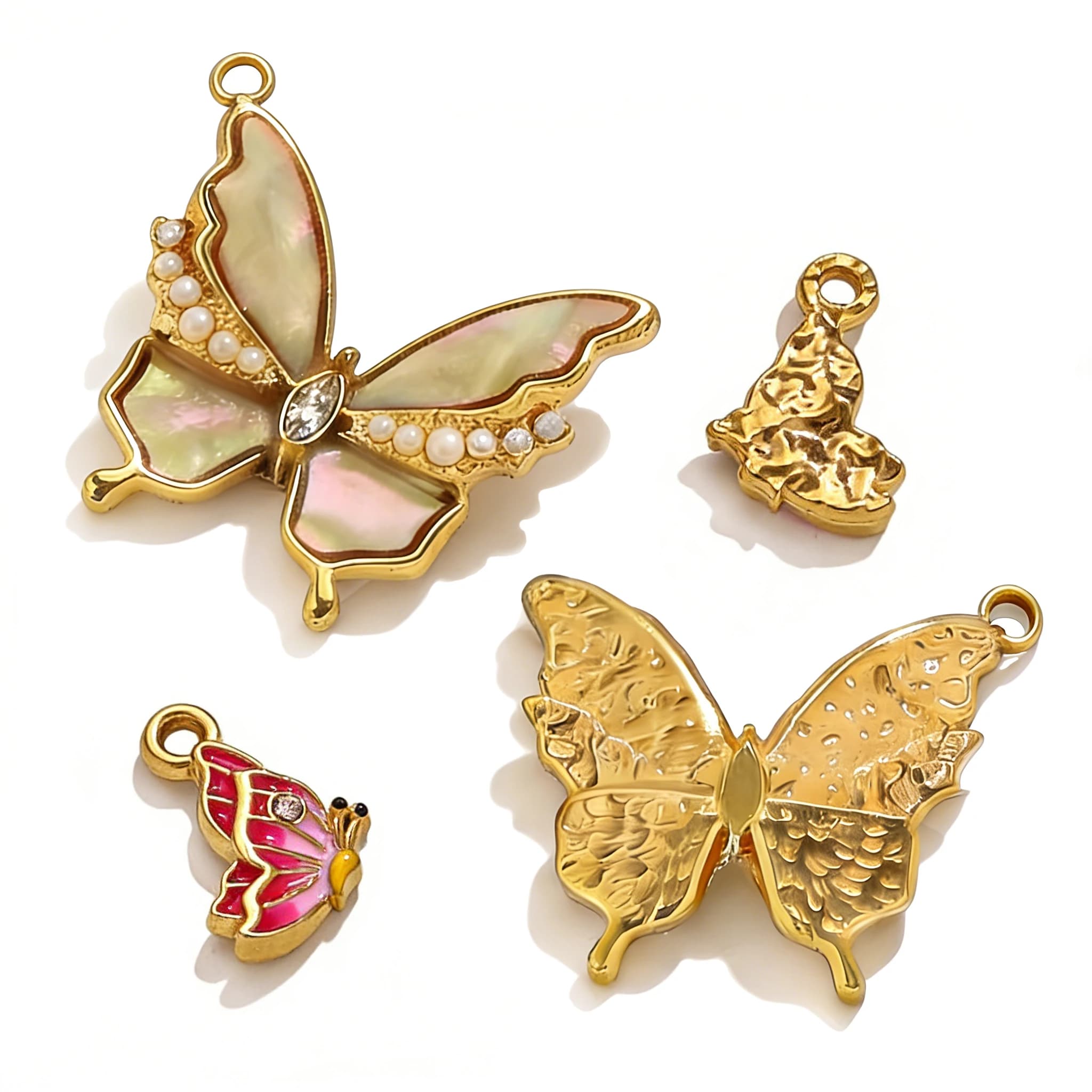 2 Pieces Stainless Steel Butterfly Pendants 18K Gold Plated with Polished Shell Inlays for Fai-da-te Creation of Necklaces and Earrings