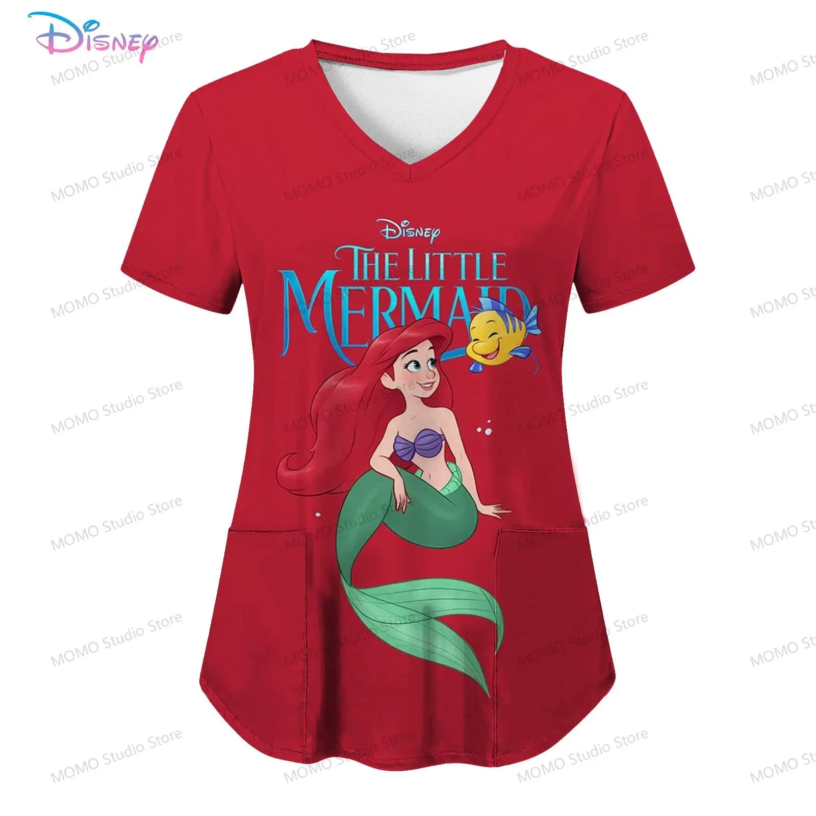T-shirt da infermiera con scollo a V da donna, Disney Princess, con tasca, abbigliamento giovanile da donna, top streetwear, Kawaii, estate 2026, S-2XL, Y2K