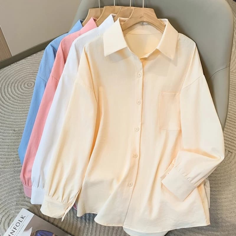 Women's Shirts Plus Size Spring Autumn 2026 Simple Women's Shirts Long Sleeves With Big Pockets Top Casual Wide