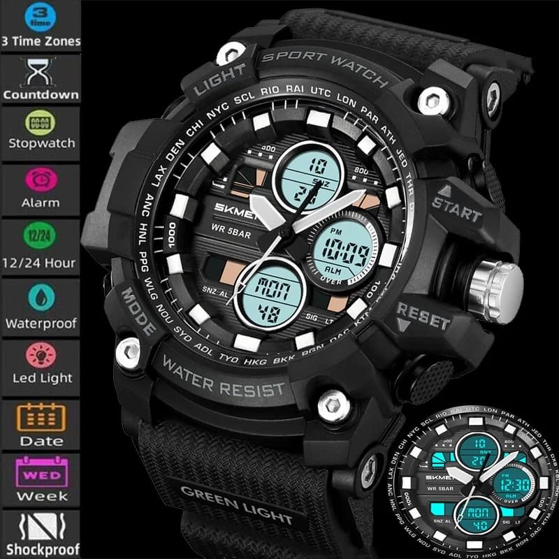 Skmei Fashion large dial men's sports watches three time zones digital analog display LED alarm clock waterproof male chronometer