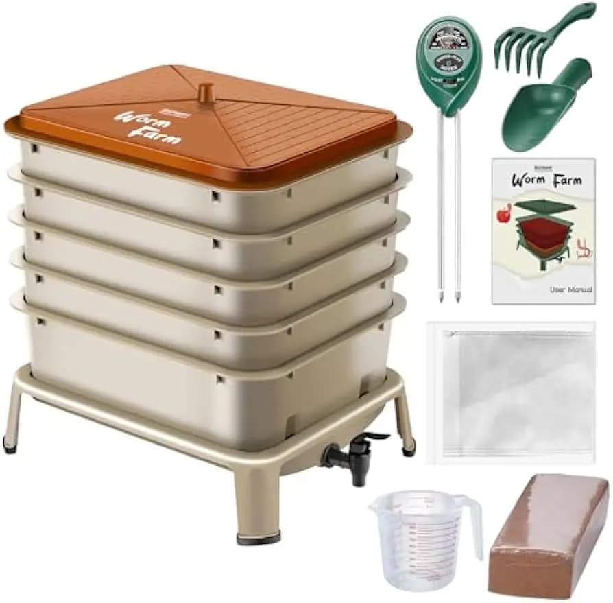 Contenitore per compost a vite senza fine a 5 vassoi, compositore per interni/esterni da 53 QT con kit iniziali per il riciclaggio di rifiuti alimentari (Oro)