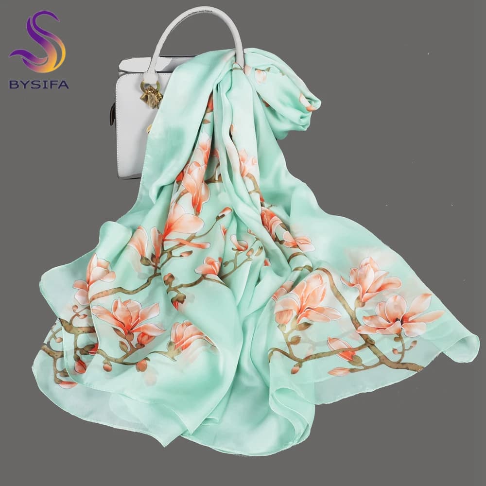 BYSIFA | Sciarpa di seta verde chiaro da donna Primavera Autunno Inverno Sciarpe lunghe floreali di grandi dimensioni Avvolge Coprispalle da spiaggia estivo