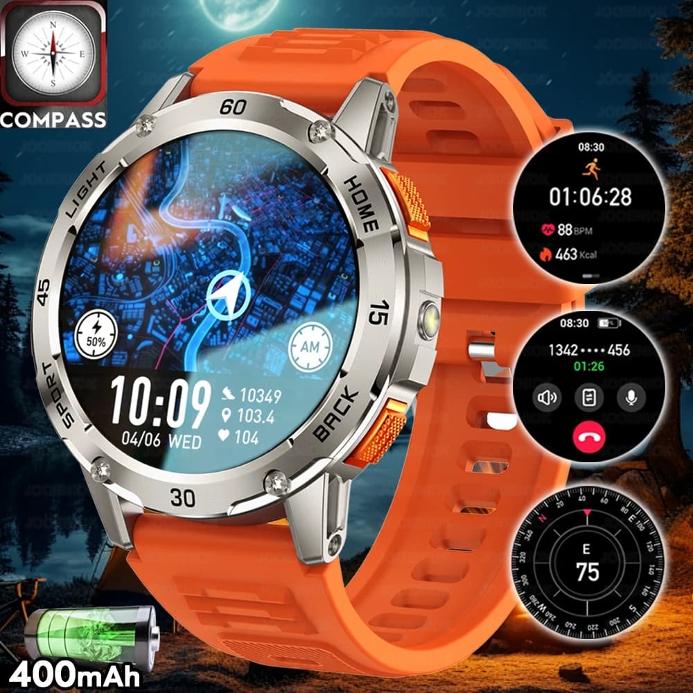 Men's GPS sports watch with 400 mAh battery, compass, military fitness watch for outdoors, cardio frequency meter, smartwatch with BT calls