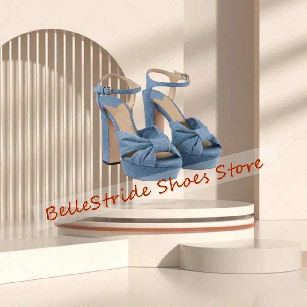 Blue Demin Platform Bow knot Sandals Open Toe Women Shoes Chunky High Heels Party Banquet Dating 2025 Zapatos Para Mujere