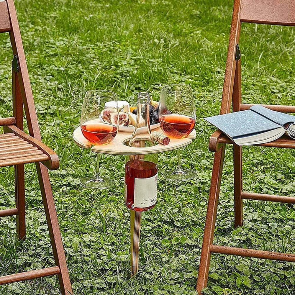 Tavolino portatile pieghevole in legno per vino con porta bicchieri, ideale per spiaggia, giardino, picnic e feste