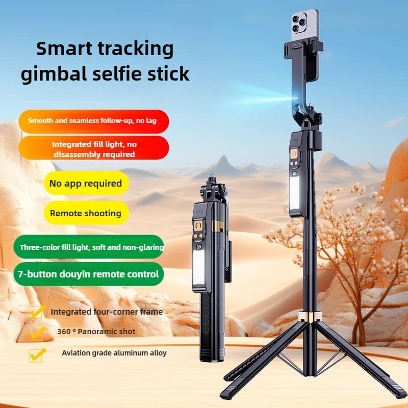 180CM Selfie Stick Auto AI Face Tracking Quad Stand Rotazione a 360° Stabilizzatore per treppiede con giunto cardanico con luce di riempimento a LED per fotocamera del telefono