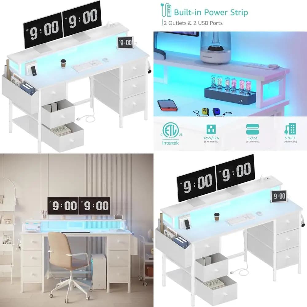 White play desk with drawers and storage shelves, 47 inch office desk with monitor support, computer desk with LED lights and