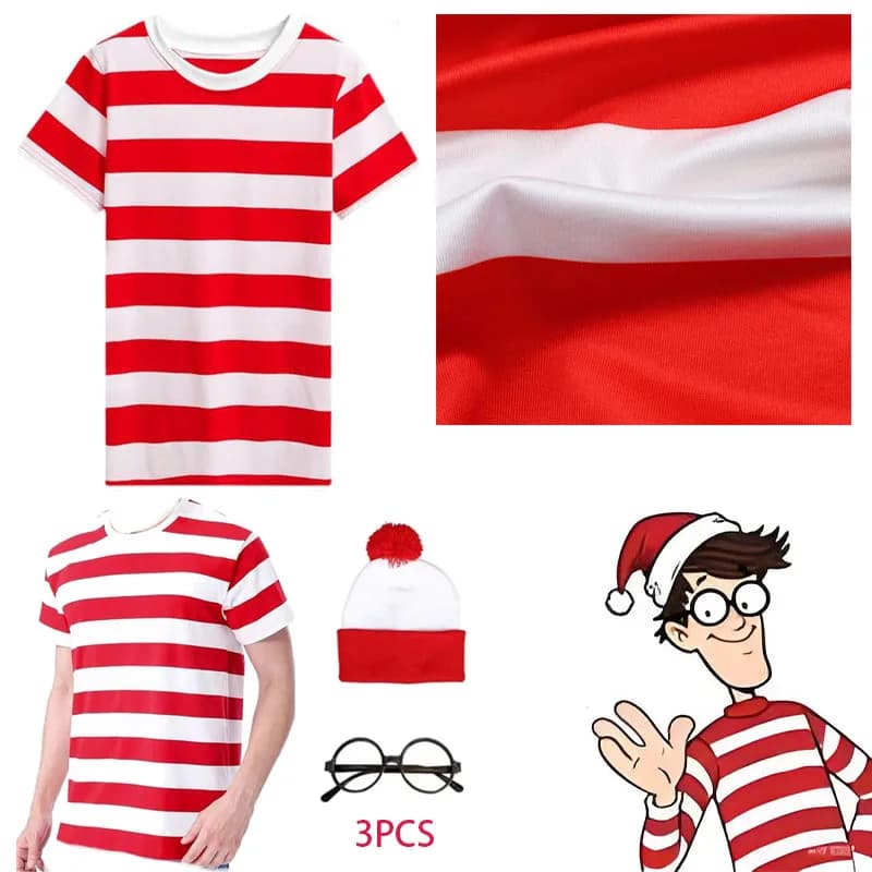 WHH Cartoon Character Waldo Cosplay Costumes WalliES Short Sleeved T-shirt Hat Glasses FULL SET Halloween PARTY Adults COS
