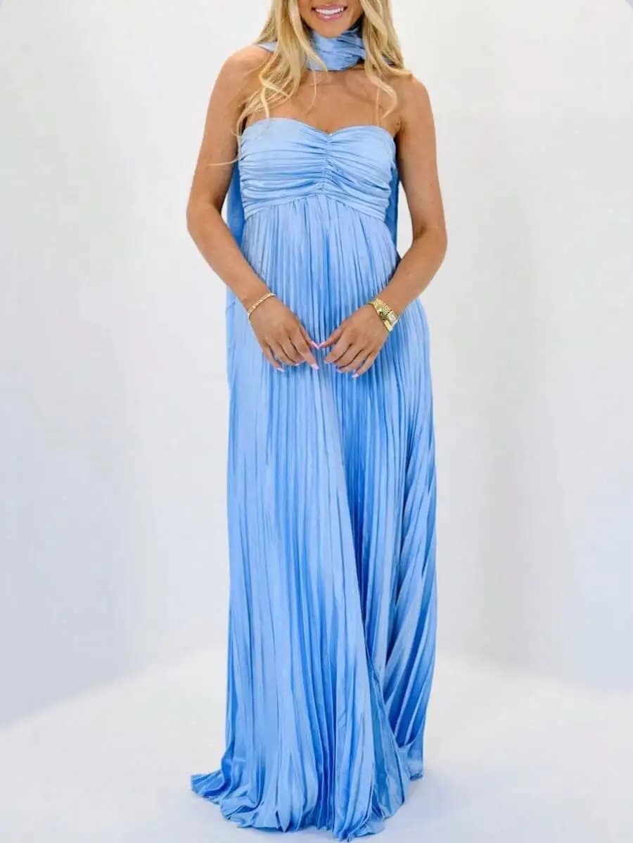 Women Strapless Pleated Maxi Dress With Scarf Formal Cocktail Flowy Satin Gown