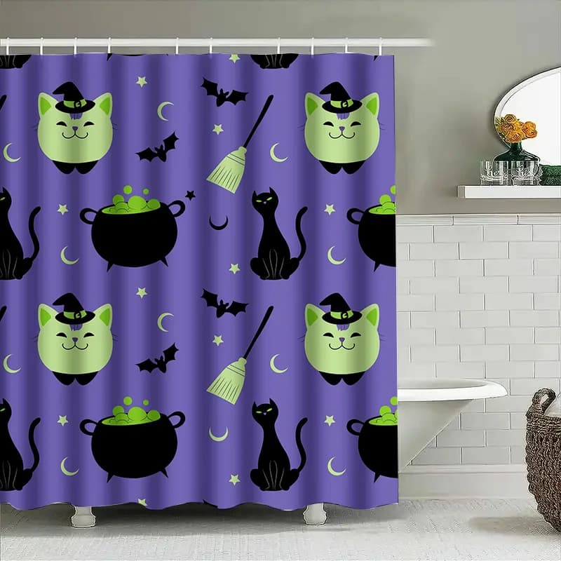 Tuniu Cute Witch Halloween Tenda da doccia per bagno Design spettrale nero e verde