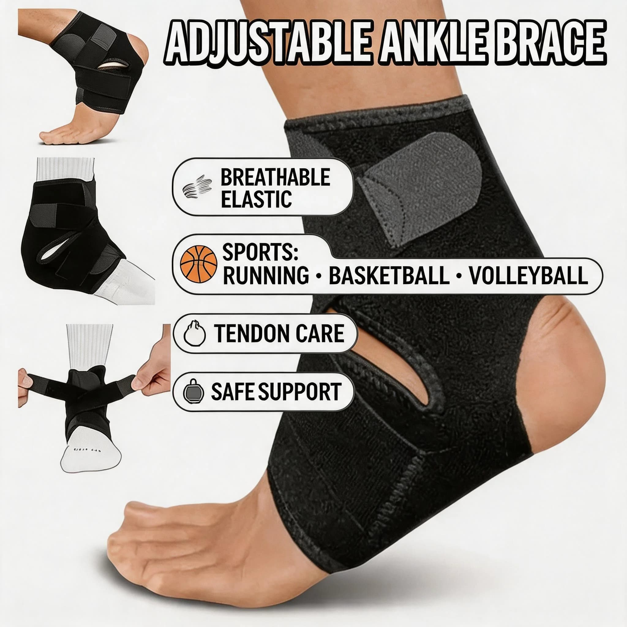Supporto per Caviglia Regolabile - Fascia Elastica Traspirante per Corsa, Basket, Pallavolo e Cura dei Tendini del Piede