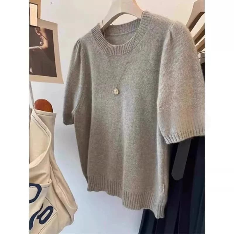 Summer Men's Knitted Short Sleeve Bubble Sleeve Sweater round Neck Casual Loose Fit Breathable Polyester Fiber T-Shirt