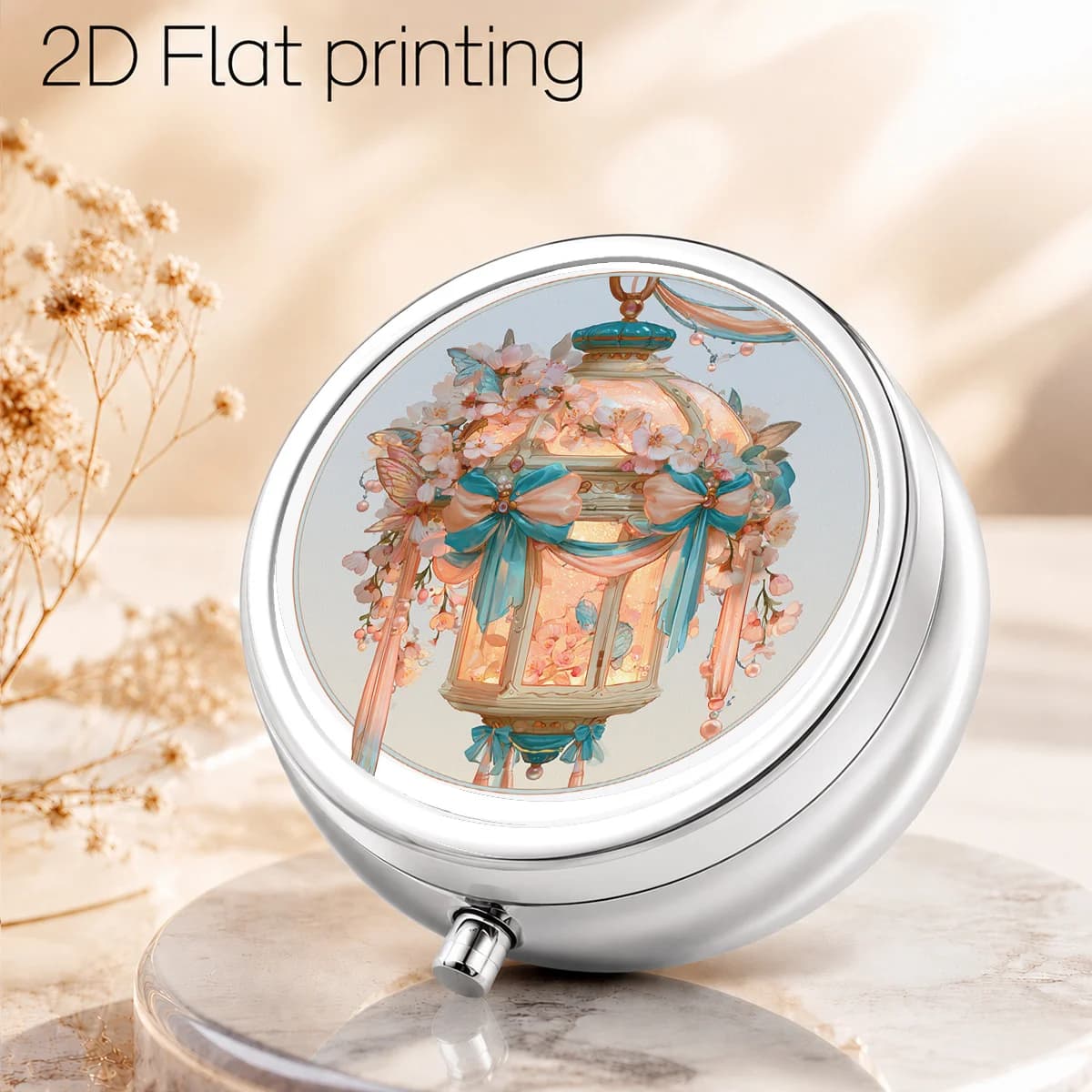 Single pack, flat, with illustrations of green plants and people, portable hanging daily travel box, moisture-proof pill box, multifunctional storage box, vitamin and supplement organizer, small accessory organizer, waterproof container